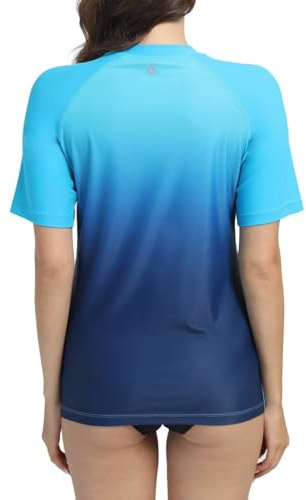 SURFEASY Women's UV Rash Vest UPF 50+ Rash Guard Quick Dry Beach Swim Shirt Swimming Wetsuits Tops Swimsuits Short Sleeve(Navy Gradient/Blue,2XL)