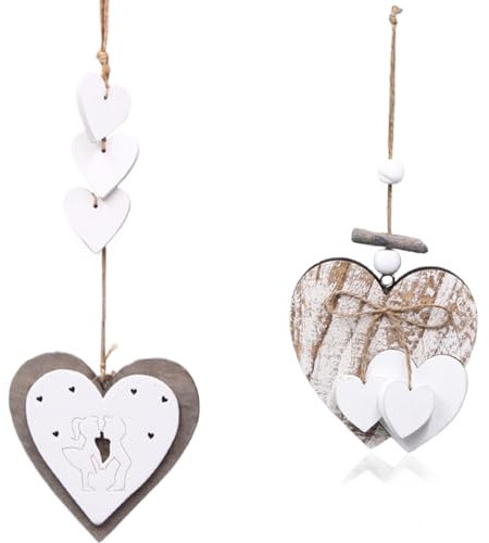 2 Stück Deko Herz Mobile, Fensterdeko Hängend Windspiel, Holz Natur Weiß Holzherz Hängedeko Deko-Anhänger
