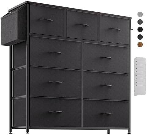 PURFINO Fabric Chest of Drawers - Canvas Storage Unit with 9 Drawers, Label Cards, Side Pocket & Hook for Living Room, Hallway, Bedroom