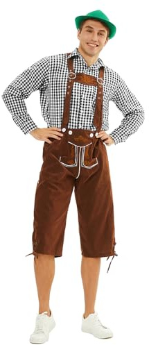 Feynman Costume Uomo per Oktoberfest - Pantaloni Tradizionali Bavaresi Ricamati (Nero/Marrone) + Camicia Tradizionale (Rosso/Verde/Nero) - Completo Tedesco con Effetto Pelle per Festa della Birra