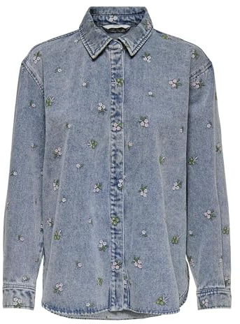 ONLY Femme Onlvera L/S Flower EMB T-Shirt DNM Noos, Bleu Jeans Clair, L EU