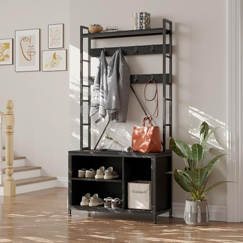 GarveeHome Porte-Manteau Avec Banc, Porte-Manteau Industriel, Rangement Pour Chaussures, Organiseur d'Entrée Avec Casiers De Rangement Pour Vestiaire,177.5 x 35 x92Cm-noir