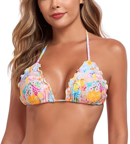 RELLECIGA Bikini Donna Top Triangolo Regolabile con Volant Reggiseno Ruffle Riviera S