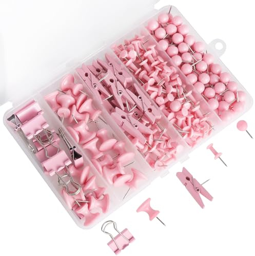 LOLANIUT 200 pezzi puntine decorative rosa, set di puntine da bacheca e sughero con 5 stili, puntine con contenitore per foto, note, carte e decorazione per ufficio e scuola