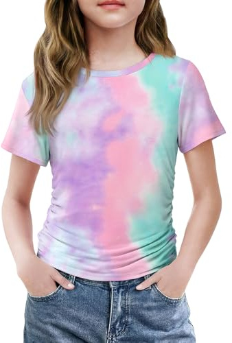 Arshiner Girls T-Shirts Kids Summer Short-Sleeve Tops Side Pleats Basic Tee | Fitted Stretch,Soft Comfortable,Gathered Waist,Round Neck,Casual Fashion,Solid Color Shirts,School,Children,4-12 Years