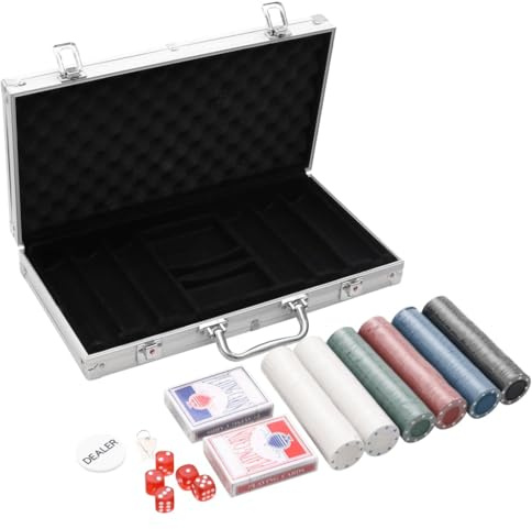 QUAHEAS Pokerchips-set 300 st 4 g med aluminiumfodral, 2 kortkortkortlekar, 5 kuber, dealer-knapp för casinospel som Texas Holdem, Blackjack, Roulette, perfekt för turneringar, fester
