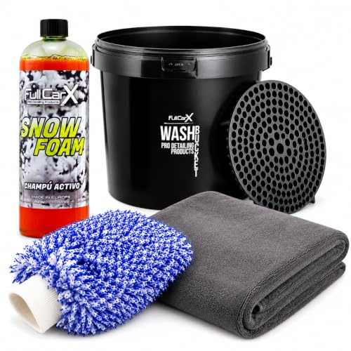 AutoFullCar Kit Lavado Coche Completo, Champú pH Neutro, Cubo con Rejilla, Manopla Microfibra, Toalla de Secado XXL, Accesorios Detailing para Limpieza Exterior