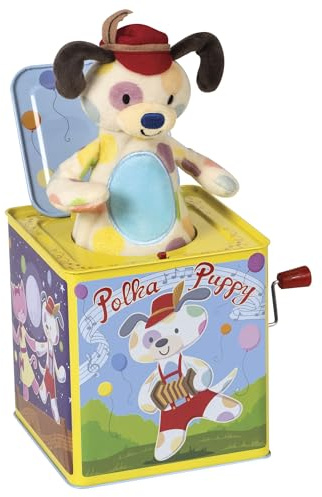 Schylling Polka Puppy Jack in the Box - Classic Children's Musical Toy that Dances - Colorful Embossed Tin Box and Lovable Puppy Plush - Age 18 months and Up