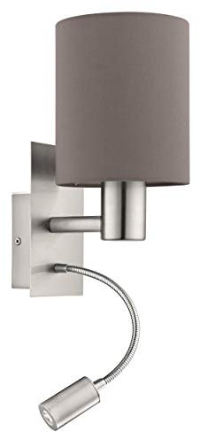 EGLO Wandlampe Pasteri, 2-flammige Textil Wandleuchte mit LED Leselicht, Leselampe aus Metall in Silber und Stoff in Anthrazit-braun, E27 Fassung