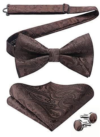HISDERN Fliege Braun Herren Paisley Fliegen und Einstecktuch mit Manschettenknöpfe Set Verstellbare Fliege Taschentuch für Hochzeit Party Weihnachten,Braun