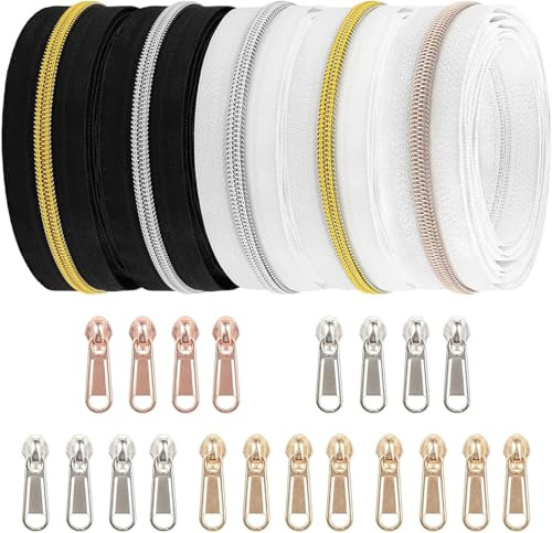 DOITEM 10 m Fermeture éclair Sans Fin au Mètre Fermeture éclair Zip noir et blanc 6mm Spirale + 20 Fermetures éclair non Verrouillables (Or Rose, Argent et Dents en Or)