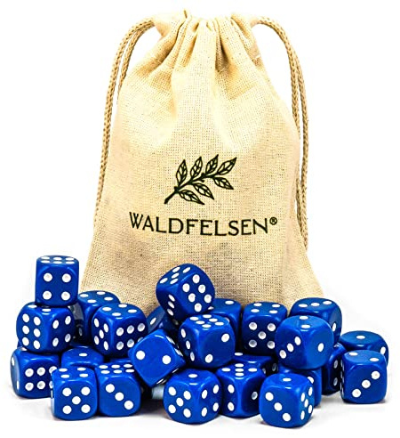 Waldfelsen® Högkvalitativa tärningar, 6, 12, 20, 30 eller 50 stycken, i standardstorlek: 16 mm, 6-sidiga akryltärningar, speltillbehör, i set med tygpåse (blå, 30 stycken)