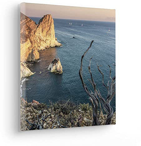 Komar Stretcher Frame Picture in Real Wood Frame Steep Cove Size 30 x 30 cm Landscape Motif Living Room Bedroom