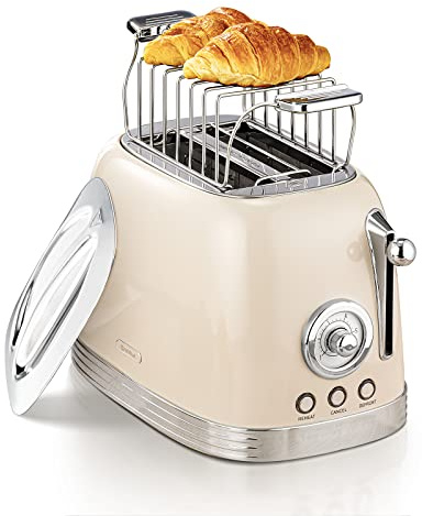 Wiltal Toaster 2 Scheiben, Retro, mit Brötchenaufsatz, mit Deckel aus Edelstahl, Vorheiz-, Auftau- und Abbruchfunktion, Countdown-Timer-Anzeige, Schnell-Toaster(Cremeweiß)