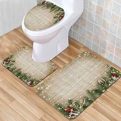 IUBBKI Badematte, Badezimmer rutschfeste Matte, Vintage Weihnachten Holzplanke Stechpalme Beere mit Kiefer Tannenbaum, Badematten-Set 3-teilig, saugfähig, rutschfest, Badematte, WC-Vorleger,