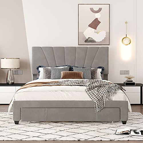 Dolamaní Polsterbett Betten 140 x 200 cm, Doppelbett mit Lattenrost, Rückenlehne und großen Schubladen, Doppelbett für Erwachsene und Jugendliche (Grau, Doppel)