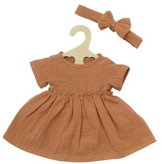 Heless 1425 - Puppenkleidung aus Musselin, 100 Prozent Bio-Baumwolle, 2-teiliges Set mit Kleid und Haarband in Karamell für Puppen und Kuscheltiere der Größe 28-35 cm