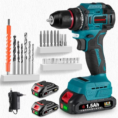 ONEVAN taladro percusión inalámbrico, 20 V taladro con batería sin escobillas con 2 x 1,5 Ah baterías, 21+1 ajustes de par, 40 nm, 25 accesorios, taladro atornillador inalámbrico con caja