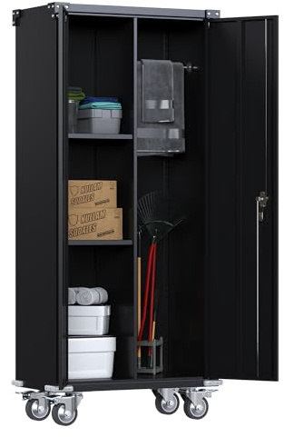 SUPEER Metal Garage Storage Cabinet with Wheels, Broom Closet Storage Cabinet with Hanging Rod, 180cm Tall Rolling Tool Storage Cabinet with Locking Doors and Shelves(Black)