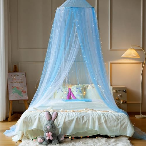 Wnqou Princess White Blue Bed Canopy with Warm Fairy Lights for Girls Bed Net,Princess Canopy for Bed Room