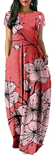 HIMKSRE Abito da Donna a Maniche Corte con Stampa di Fiori di ciliegio, Abito Lungo Casual, Ampio, con Doppia Tasca, Abito da Spiaggia for Le Vacanze(1,6XL)