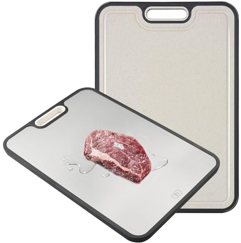 Tiagowell Titanium Steel Double Sided Cutting Board - Food-Grade Chopping Board for Meat, Vegetables and Fruits with Wheat Straw Handle - Antibacterial, Easy to Clean, 15 * 10 inch, 1 Piece