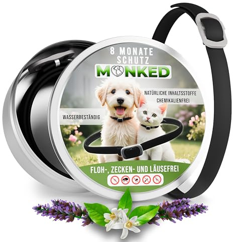 Monked | Collare Antipulci e Zecche per Cani Naturale | Fino a 8 Mesi Protezione | Regolabile | Impermeabile | Protezione Lunga Durata (Nero, Universale)