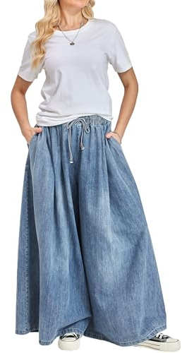 EXPOING Pantalon en jean à jambes extra larges pour femme, long, taille élastique avec poches, grande taille, ample et décontracté, bleu, Taille M