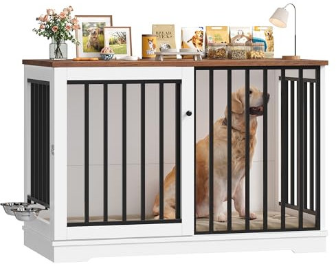 FirFurd Hundekäfig Möbel 120cm breit Hundebox für Zuhause Hundehütte XXL Hundekäfig aus Metall und Holz Hundebox für große Hunde 120 x 90 x 60 cm Braun & Weiß