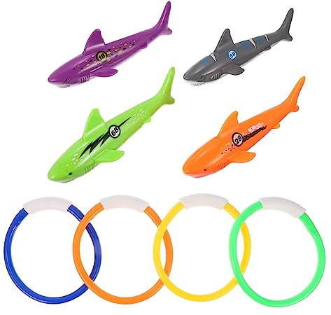 Yardwe 8 Pcs Pool Diving Soft Diving Rings Shark Figures for Underwater Fun Safe Water for Summer Play for Swim Learners and Family Pool Activities