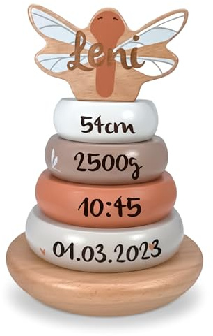 Mainely Personalizable Torre de Anillos apilables de Madera Color Turrón – Equilibrio & motricidad Fina – para niños Desde 12 Meses – con Nombre y Fechas de Nacimiento – Label Label