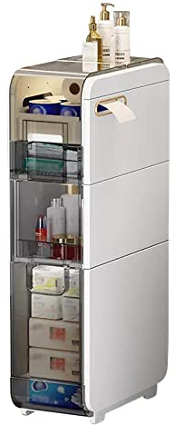 Mobile da bagno sottile con cassetti trasparenti e ruote verticali per articoli da toeletta, lavandino stretto e porta carta igienica, design salvaspazio.
