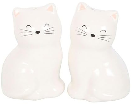 This Sweet Pair of Ceramic Salt and Pepper shakers is Shaped Like Sitting White Cats, Making mealtimes a Little More Purr-sonal. A Delightful Kitchen Table Addition or Gift for cat Enthusiasts.