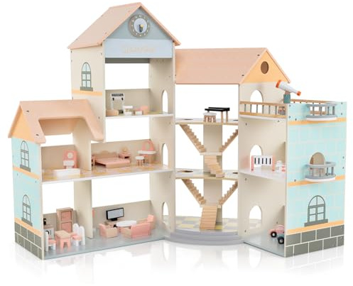 GOPLUS Casa de Muñecas de Esquina, Casa de Muñecas de Madera de 3 Pisos con 7 Habitaciones, 42 Accesorios, Balcón Real, Mansión para Muñecas de 15 cm, Regalo para Niños y Niñas de 3+ (Naranja)