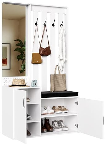 Mobile d'ingresso guardaroba con specchio, set di appendiabiti con panchina da scarpe, portaoggetti per armadio e 4 ganci doppi, per ingresso, corridoio 40 x 100 x 180 cm (bianco-A)
