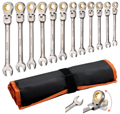 VEVOR Set di Chiavi Combinate a Cricchetto Flessibile 12 Pezzi, Set di Chiavi a Cricchetto con Testa Snodata, Metriche da 8 mm a 19 mm, 72 Denti, in Acciaio al Cromo Vanadio, Custodia Arrotolabile