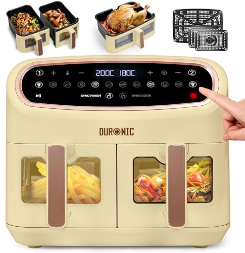 Duronic AF34 SG XXL Triple Drawer Air Fryer, 10L Digital Family Size Air Fryers 10in1 Dual Zone Extra Large Oil Free Cooker for Family Cooking with Dishwasher Safe Non-Stick Baskets Sandstone & Gold