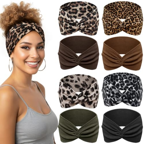 Kavya 8 Pcs Bandeau Cheveux Femme, Serre Tête Élastique Antidérapant, Motif Léopard et Couleurs Unies Headband Sport pour Yoga Fitness Exercice