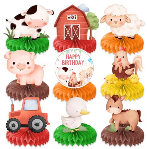 exylosluxek Decoración de Granja, Decoración para Cumpleaños Temático de Granja, 9 Piezas de Adornos para Fiestas, Centro de Mesa de Panal con Motivo de Animales de Granja