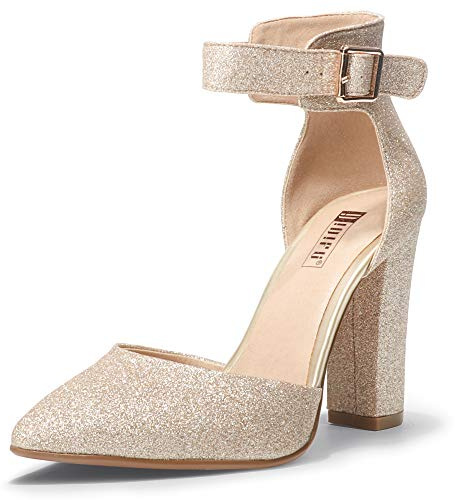 IDIFU Women's IN4 Pedazo High Block Heels Pumps Pointed Closed Toe Ankle Strap Dress Wedding Shoes (Gold Glitter, 7.5 M US)