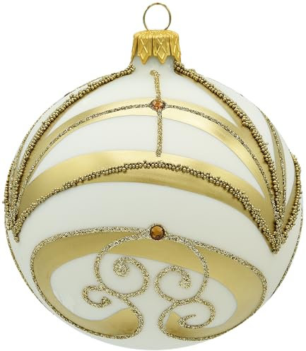 VITBIS - Palla di Natale in vetro, 10 cm, soffiata a bocca, decorata a mano e realizzata a mano, decorazione per albero di Natale, colore bianco con lussureggiante decorazione geometrica in oro