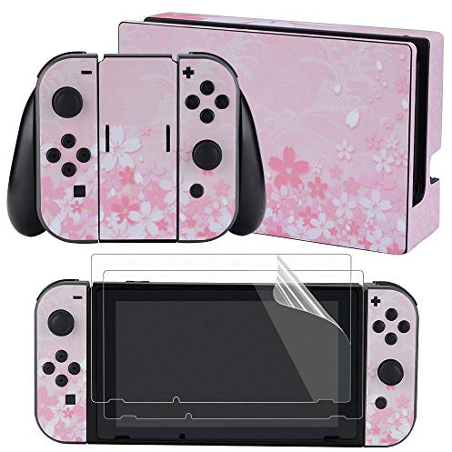 eXtremeRate Autocollant pour Nintendo Switch Manette,Sticker Skin pour Switch Console & Joycon & Dock avec 2 Protection d'Écran-Pétales Fleurs Cerisier