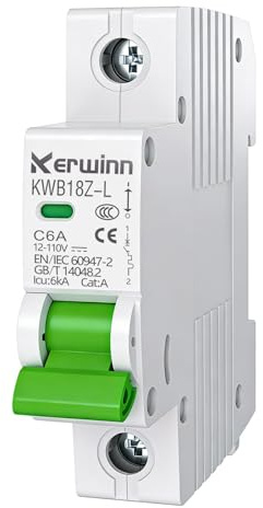 KERWINN DC Miniature Circuit Breaker, 12V-110V Circuit Breaker 1Pole 6Amp Breakers DIN Rail Mount（mcb） for DC Systems,Battery Power Systems, Solar photovoltaic Systems, RV.(C6A)