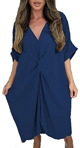 Women’s Ladies V-Neck Knot Twist Short Sleeve Baggy Oversized Loose Fits Smock Midi Casual Longline Summer Dresses for Women Navy 12-24