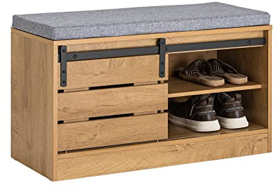 SoBuy Armario de Almacenamiento para Entrada Banco Zapatero con Puerta Corrediza de Granero con Estantes Natural 80 x 35 x 48 cm FSR120-N ES