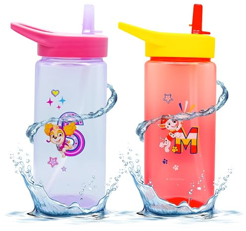SRV Hub Paw Patrol Marshall und Skye bedruckte Trinkhalme, 420 ml, auslaufsicher, Kinder-Trinkflaschen, 16 cm, BPA-frei, mit Pop-Up-Trinkhalm-Deckel, für Unisex-Kinder ab 6 Monaten, 2 Stück