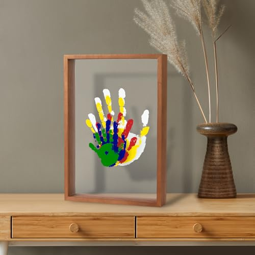 Kit trasparente per impronte di mani, regalo per neogenitori, regalo per la famiglia, cornice in legno fai da te, 5 colori atossici inclusi, fogli trasparenti (marrone)