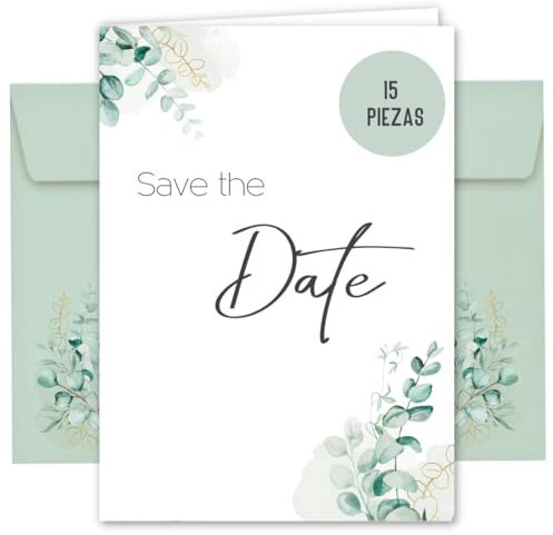 Things of Happiness 15 tarjetas Save the Date incl. sobre para boda, registro civil, cumpleaños, bebé, comunión, bautizo | tarjeta Save the Date | tarjeta plegable DIN A6 (Eucalipto)