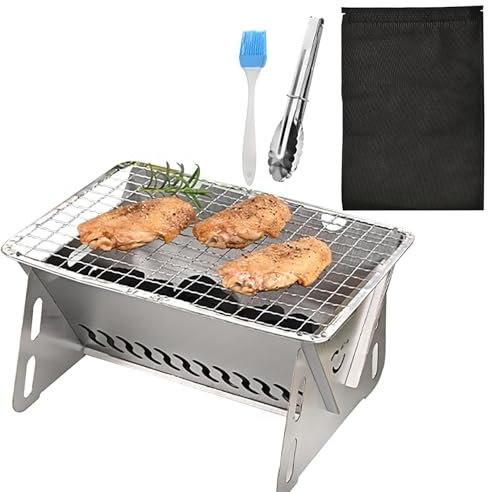 Parrilla de Barbacoa Portátil, Pozo de Fuego de Acero Inoxidable, Plegable para Barbacoa Fogata Portátil Parrilla de Carbón de Leña Elevable para Cámping Picnic Jardín - con Bolsa de Transporte