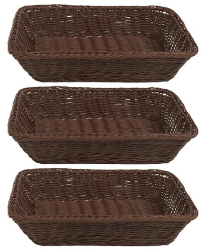 Nsmykhg 3 st Poly Wicker brödkorg – 13,8 x 9,8 x 2,75 rektangulär vävd matförvaringsbricka, imitation rotting fruktkorg, stapelbar köks- och restaurangserveringskorg (kaffe)